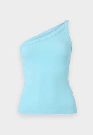 Svetlo modra rebrasta majica brez naramnic z enostranskim dizajnom in gladko teksturo. Elastičen material zagotavlja prilegajočo silhueto.
