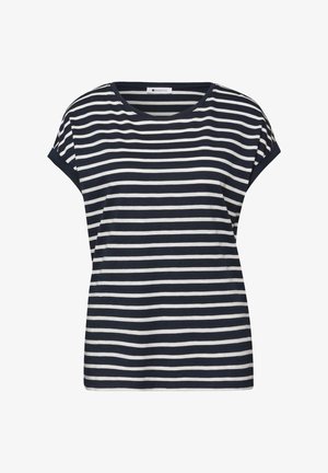 Marineblau-weiß gestreiftes Kurzarmshirt mit rundem Ausschnitt und hochgekrempelten Bündchen.