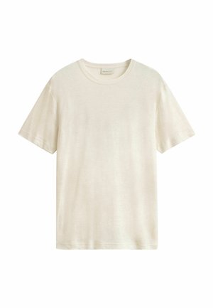 Schlichtes, cremefarbenes, kurzärmeliges Baumwoll-T-Shirt mit Rundhalsausschnitt und einem kleinen Markenetikett im Innern des Kragens.