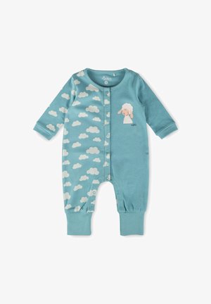 Light blue cotton onesie with white cloud patterns, featuring a sheep illustration and snap closures down the front and at the legs.
