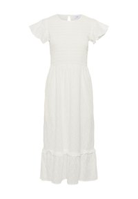 White dress with short ruffled sleeves, a smocked bodice, and a tiered skirt featuring a leaf pattern. Soft fabric with textured detail.