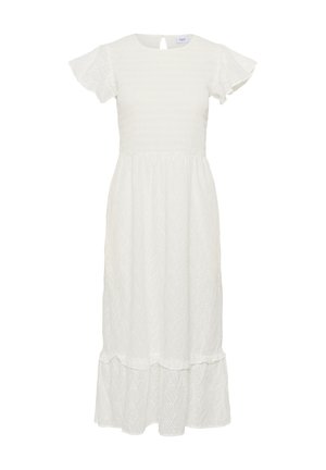 Weißes Kleid mit kurzen, rüschierten Ärmeln, einem gerafften Oberteil und einem gestuften Rock mit Blättermuster. Weicher Stoff mit strukturiertem Detail.