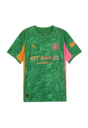 Maillot de football vert avec un design texturé, orné d'accents orange et rose. Logo sur la poitrine et marquage sur les manches.