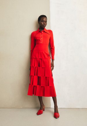 MULTI RECTANGLE DOUBLE-LAYERED SKIRT - kov sukn - red