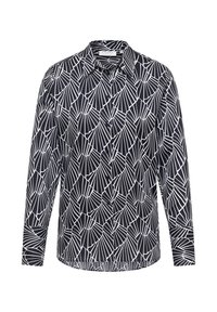 Chemise à manches longues noire avec un motif géométrique blanc, dotée d'un col, de boutons et d'un ourlet droit. Texture du tissu lisse.
