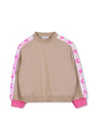 Felpa beige a maniche lunghe con strisce di paillettes rosa lungo le maniche, polsini a costine rosa e un collo alto a costine.