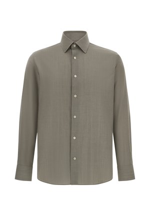 Koszula z długim rękawem w jasnej oliwkowej zieleni, wykonana z gładkiego materiału, posiada klasyczny kołnierzyk oraz zapięcie na guziki z jasnymi guzikami.