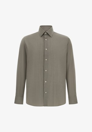 Langarmhemd in licht olijfgroen, gemaakt van gladde stof, met een klassieke kraag en een toplaagsluiting met lichtgekleurde knopen.