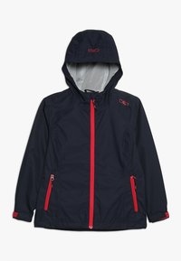 Giacca impermeabile blu navy con zip rossa, cappuccio regolabile e fodera in rete. Presenta due tasche laterali e dettagli con logo sul petto.