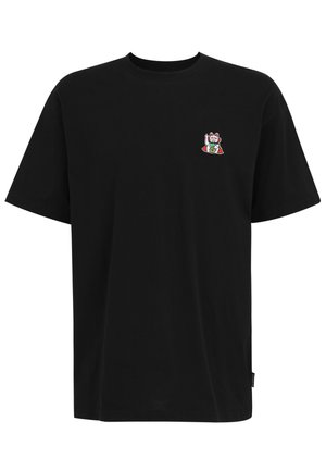 Schwarzes Baumwoll-T-Shirt mit kurzen Ärmeln und Rundhalsausschnitt. Verfügt über ein kleines gesticktes Design im linken Brustbereich.