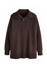 Dark brown knit pullover with a wide ribbed collar, half zipper, and long sleeves, featuring ribbed cuffs and hem.