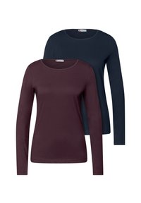 Dlouhé rukávy, jeden v tmavě vínové a druhý v námořnické modři, s kulatými výstřihy a hladkým, elastickým materiálem.