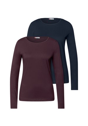 Maglie a manica lunga, una in un intenso bordeaux scuro e l'altra in blu navy, con scollature tonde e tessuto liscio e elastico.