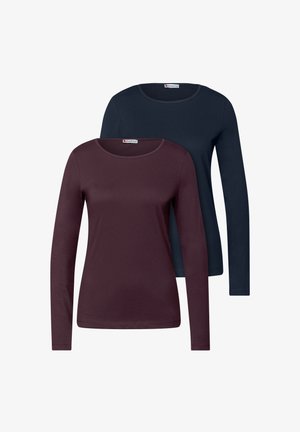 Langærmede toppe, en i mørk burgunder og den anden i marineblå, med rund halsudskæring og blødt, strækbart stof.