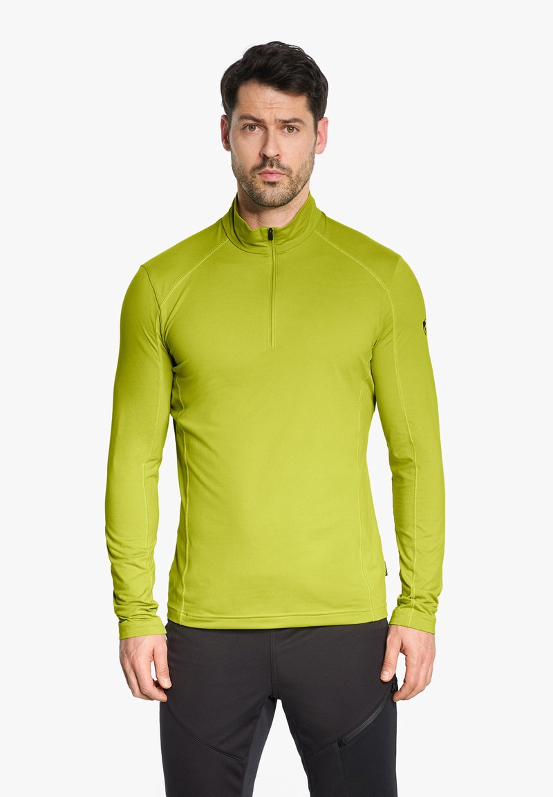 Langärmliges Sportshirt in leuchtendem Limettengrün, mit hohem Kragen und halbquem Reißverschluss. Hergestellt aus glattem, dehnbarem Stoff.