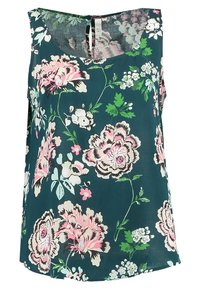 Top sans manches floral en vert foncé avec des motifs de fleurs roses, blanches et vertes. Tissu léger, encolure arrondie et coupe décontractée.