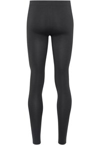 Leggings noirs en tissu extensible et doux. Ils ont une taille haute et un design lisse et sans couture qui épouse les jambes.