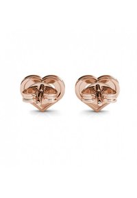 Ohrringe in Herzform aus Roségold mit einem geschichteten Design, das in der Mitte mit einem kleinen Flugzeugelement akzentuiert ist. Glatte, reflexive Oberfläche.