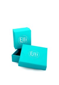 Scatola per gioielli turchese con finitura lucida. Presenta un logo "Elli WE ♥ JEWELS" in bianco. Una scatola è aperta, rivelando un interno nero.