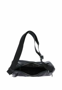 Borsa nera in nylon con tracolla regolabile, scomparto principale con zip e tessuto testurizzato. L'interno presenta un motivo leggermente marchiato.