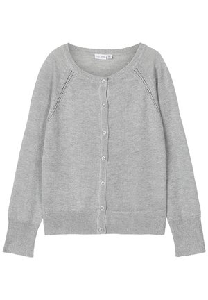 Cárdigan de punto gris claro con mangas largas, escote redondo y seis botones delanteros.