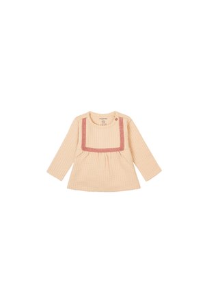 Haut à manches longues pêche avec un motif texturé, décolleté carré et un accent contrastant en rose poussiéreux. Présente une fermeture latérale à boutons.