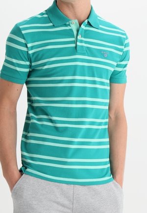 Person wearing a teal short-sleeve polo shirt with light horizontal stripes and gray pants with hands in pockets.