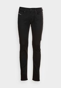 Black slim-fit jeans made of denim. Features a classic five-pocket design, visible stitching, and a small logo on the front pocket.