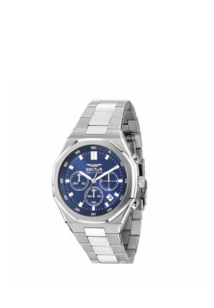 Orologio da polso in metallo argento con quadrante blu, tre subquadranti, finestra per la data e bracciale a maglie in acciaio inox.
