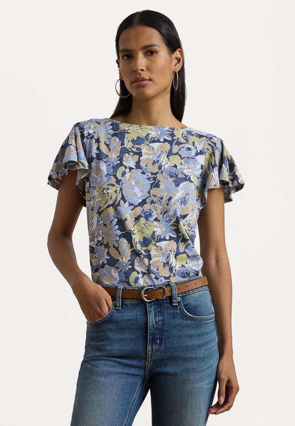 FLORAL SLUB JERSEY FLUTTER SLEEVE TOP - Print T-shirt
