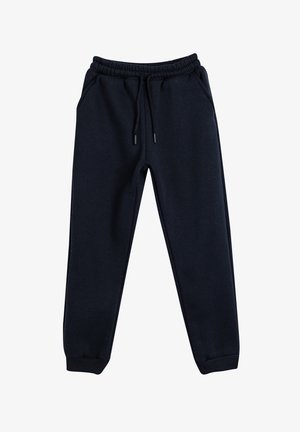 Granatowe dresy wykonane z miękkiej bawełnianej mieszanki, z elastycznym pasem ze sznurkiem, bocznymi kieszeniami oraz ściągaczami na nogawkach.