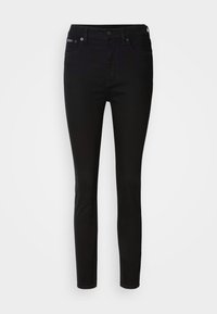 Černé skinny džíny vyrobené z bavlny, s předním knoflíkem a zipem, pěti kapsami a hladkým povrchem s minimálními švy.