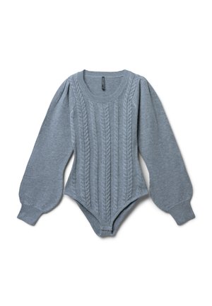 Grauer gestrickter Bodysuit mit einem Zopfstrickmuster, langen Puffärmeln und einem runden Halsauschnitt mit gerippten Bündchen und Saum.