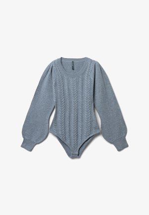 Grauer gestrickter Bodysuit mit einem Zopfstrickmuster, langen Puffärmeln und einem runden Halsauschnitt mit gerippten Bündchen und Saum.