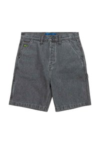Sivé denim šortky s gombíkovým zapínaním, dvoma prednými vreckami a jedným bočným cargo vreckom. Obsahujú mierne zosvetlenie a prešité detaily na leme.