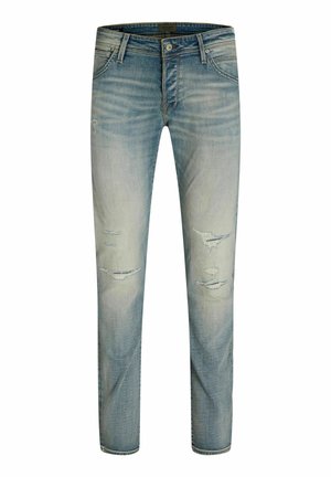 Light wash slim-fit jeans with distressed details and slight fading on thighs and knees, featuring front pockets and button closure.