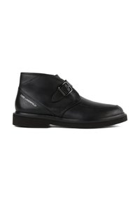 Black leather ankle boots with a rounded toe, side buckle detail, and a textured outsole. Features a sleek design and subtle branding.