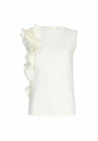 Top bianco senza maniche con dettaglio a rouches testurizzato sulla spalla sinistra e chiusura a oblò sul retro per facilitare l'indossamento.