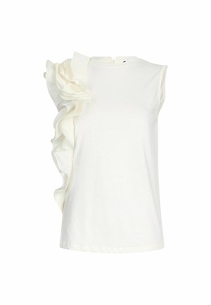 Top bianco senza maniche con dettaglio a rouches testurizzato sulla spalla sinistra e chiusura a oblò sul retro per facilitare l'indossamento.