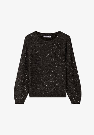 Czarny sweter z dzianiny z okrągłym dekoltem, z wzorem w plamki o różnych rozmiarach, długimi rękawami oraz ściągaczami przy mankietach i hemie.