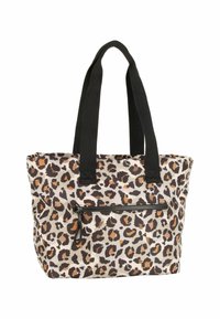 Nákupní taška s leopardím potiskem, černými textilními rukojeťmi, přední kapsou na zip a měkkým, texturovaným materiálem. Dominantní barvy jsou béžová, hnědá a oranžová.