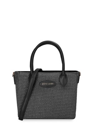 Sac à main tissé noir avec doubles poignées et bandoulière, avec une plaque logo « pierre cardin » au centre devant.