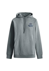 Felpa grigia con tasca frontale, cappuccio con cordino e logo "Red Bull Racing" in blu scuro sul petto sinistro. Tessuto morbido e strutturato.