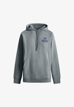 Hoodie cinza com um bolso frontal, capucho com cordão e o logótipo "Red Bull Racing" em azul escuro no peito esquerdo. Tecido suave e texturizado.