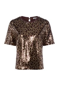 Bruine pailletten top met gouden luipaardprint. Kortemouwen en ronde hals. Heeft een sleutelgatopening aan de achterkant. Sprankelende textuur en patroon.