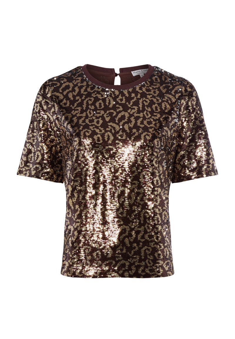 Bruine pailletten top met gouden luipaardprint. Kortemouwen en ronde hals. Heeft een sleutelgatopening aan de achterkant. Sprankelende textuur en patroon.