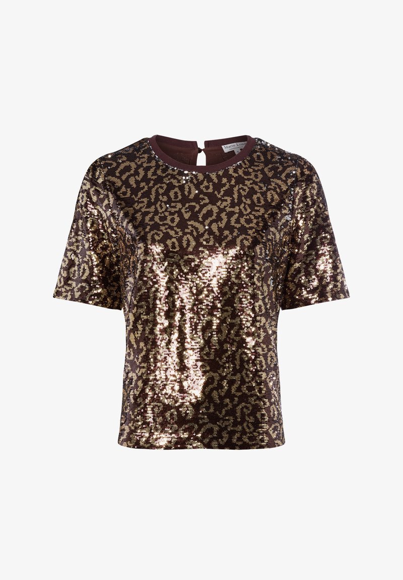 Brązowa bluzka z cekinami w złoty wzór panterki. Krótkie rękawy i okrągły dekolt. Posiada zapięcie w kształcie klucza na plecach. Iskrząca tekstura i wzór.