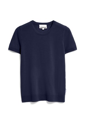 Navyblaues T-Shirt mit kurzen Ärmeln aus weichem Stoff und rundem Halsausschnitt. Besitzt einen dezenten Saum und ein kleines Markenlabel an der Seite.