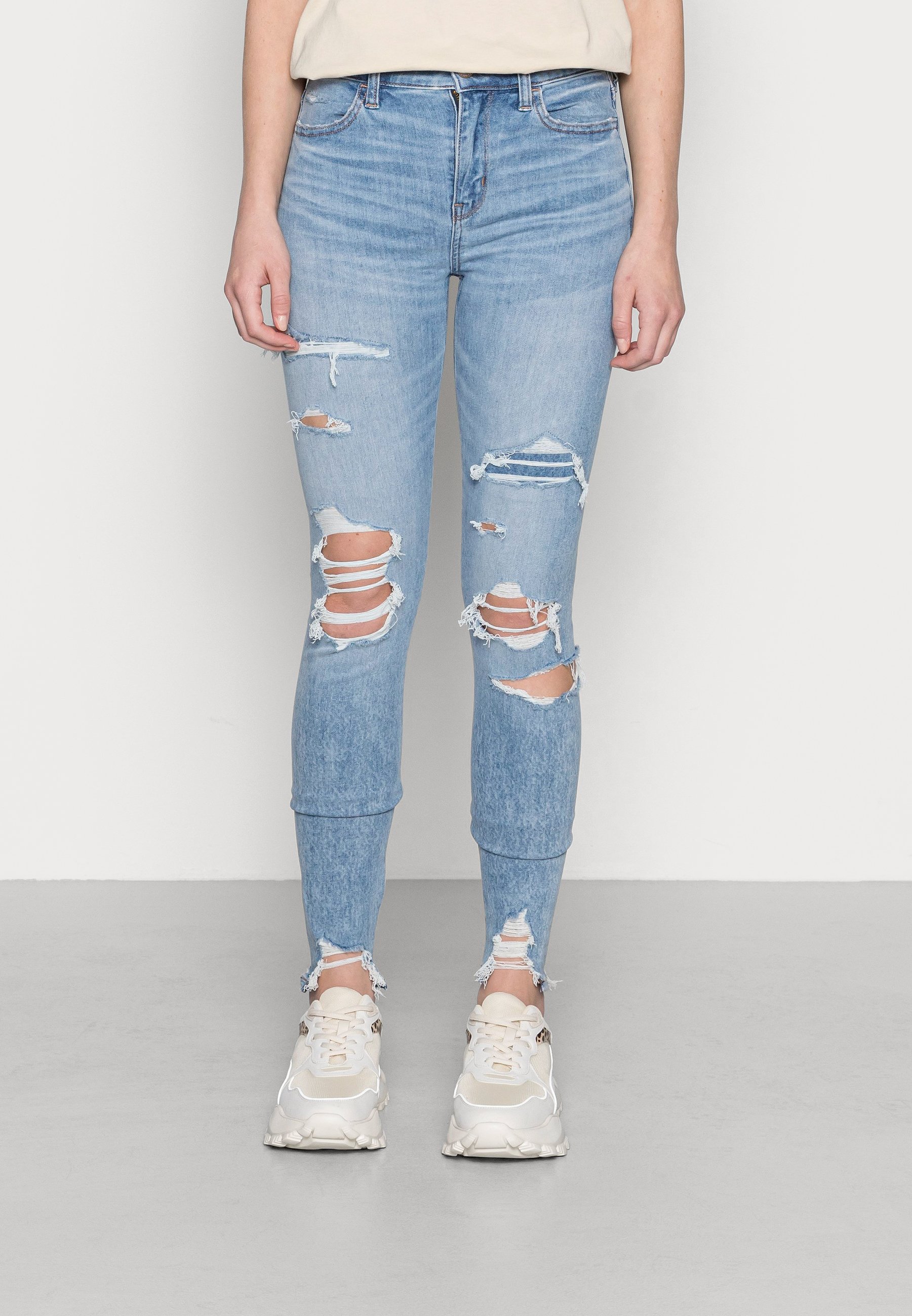 American Eagle Hi Rise Jeggings Shadow Patched Blues, Women's, Size: 6xR, Destroyed Denim