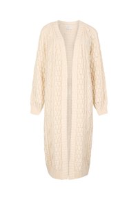 Langer, offener Cardigan in cremigem Beige. Gestrickte Textur mit Rauten- und Zopfmustern. Verfügt über lange Ärmel und eine entspannte Passform.